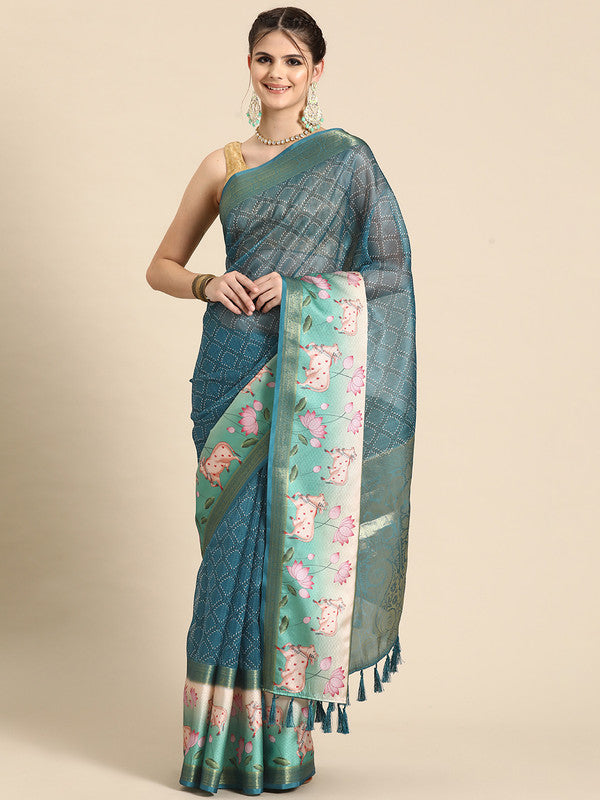 Turquoise Kanjeevaram Silk Digital Print Geomatric Saree with Unstitched Blouse - Hiral Fashion | Swadesiicart