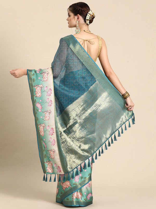 Turquoise Kanjeevaram Silk Digital Print Geomatric Saree with Unstitched Blouse - Hiral Fashion | Swadesiicart