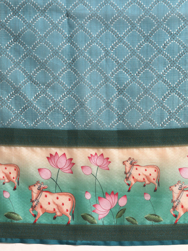 Turquoise Kanjeevaram Silk Digital Print Geomatric Saree with Unstitched Blouse - Hiral Fashion | Swadesiicart