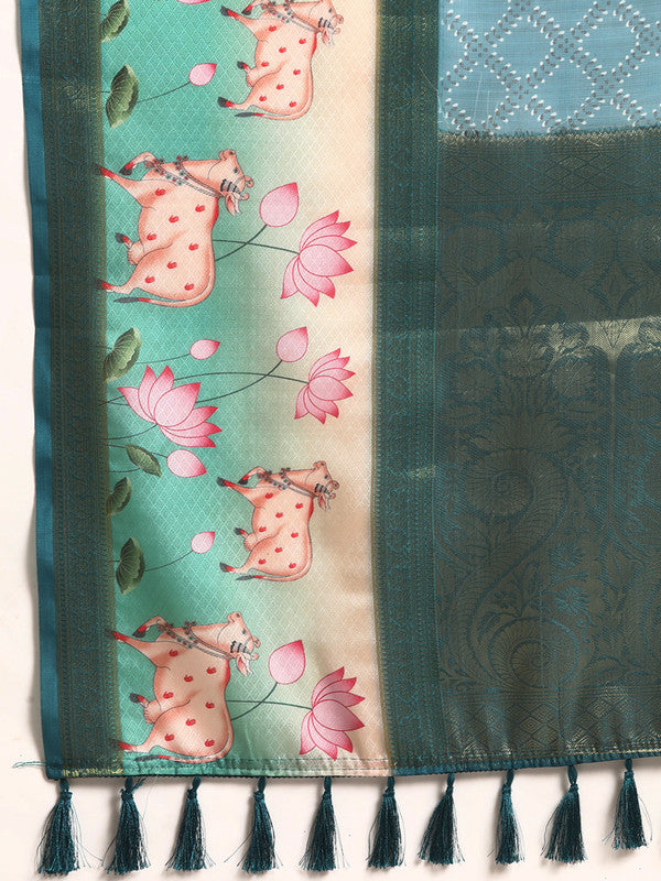Turquoise Kanjeevaram Silk Digital Print Geomatric Saree with Unstitched Blouse - Hiral Fashion | Swadesiicart