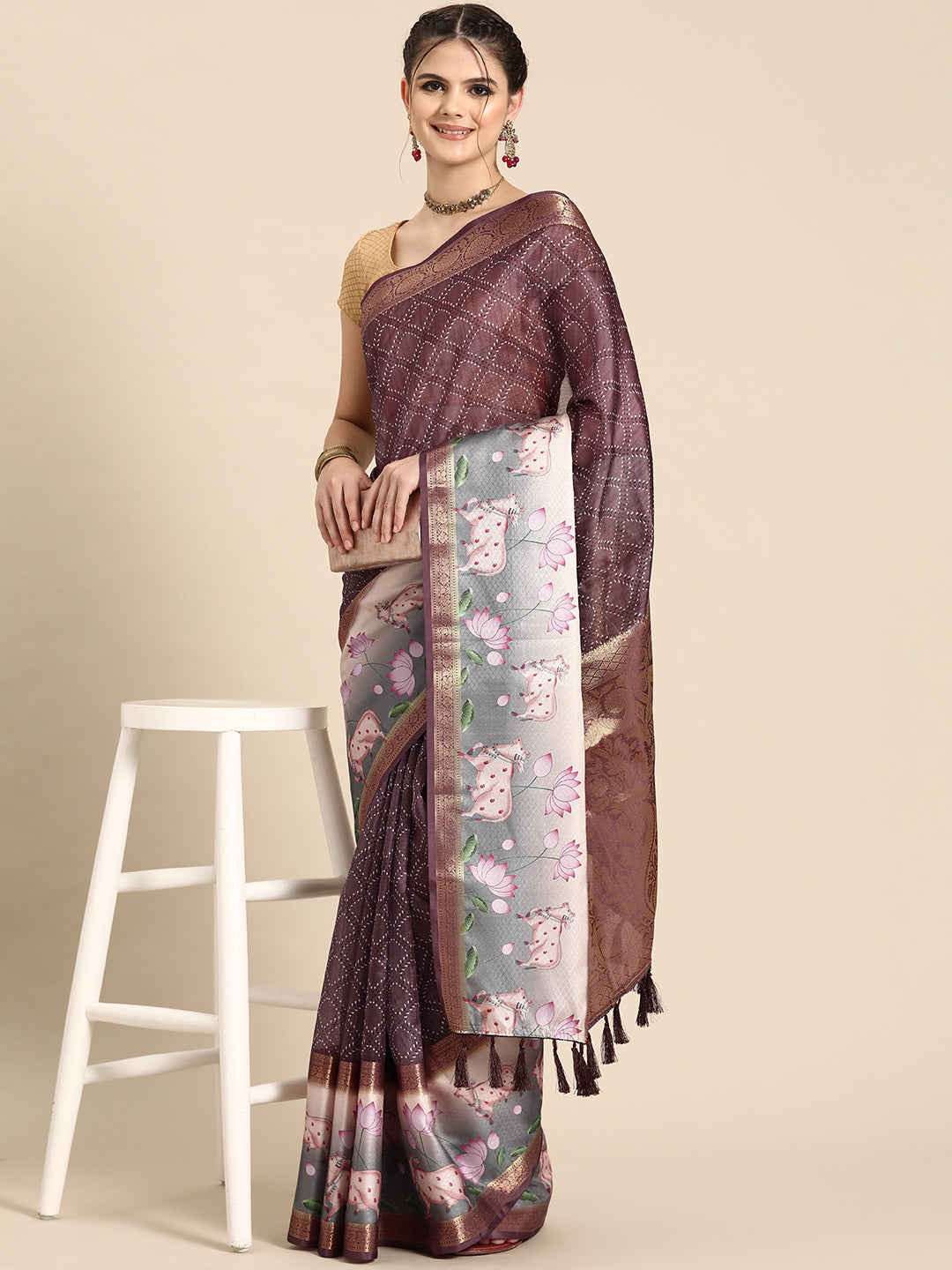 Purple Kanjeevaram Silk Digital Print Geomatric Saree with Unstitched Blouse - Hiral Fashion | Swadesiicart