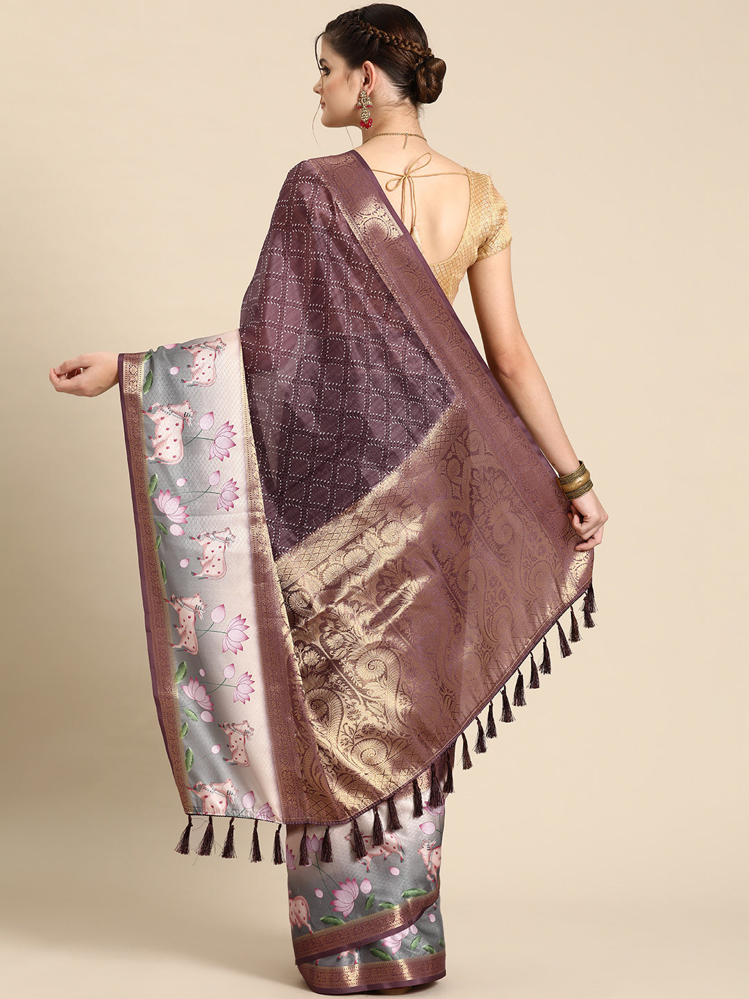 Purple Kanjeevaram Silk Digital Print Geomatric Saree with Unstitched Blouse - Hiral Fashion | Swadesiicart