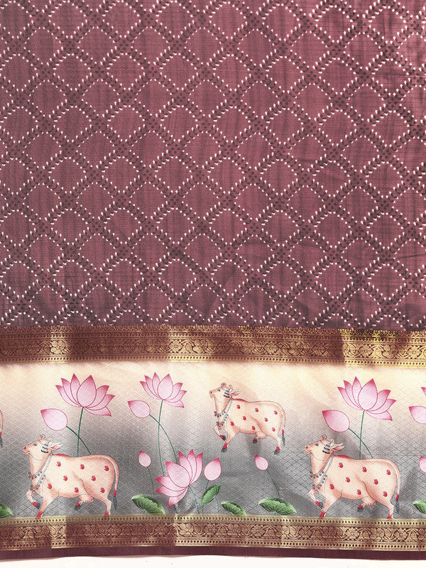 Purple Kanjeevaram Silk Digital Print Geomatric Saree with Unstitched Blouse - Hiral Fashion | Swadesiicart