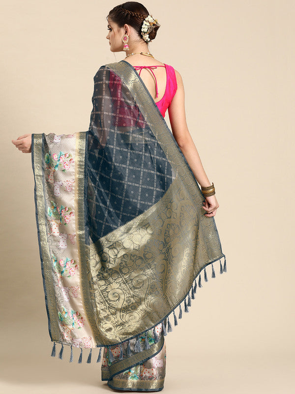 Gray Kanjeevaram Silk Digital Print Geomatric Saree with Unstitched Blouse - Hiral Fashion | Swadesiicart