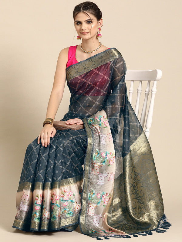 Gray Kanjeevaram Silk Digital Print Geomatric Saree with Unstitched Blouse - Hiral Fashion | Swadesiicart