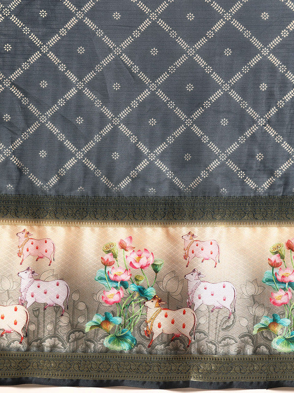 Gray Kanjeevaram Silk Digital Print Geomatric Saree with Unstitched Blouse - Hiral Fashion | Swadesiicart