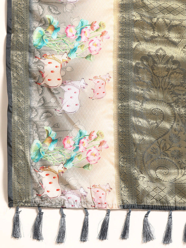 Gray Kanjeevaram Silk Digital Print Geomatric Saree with Unstitched Blouse - Hiral Fashion | Swadesiicart