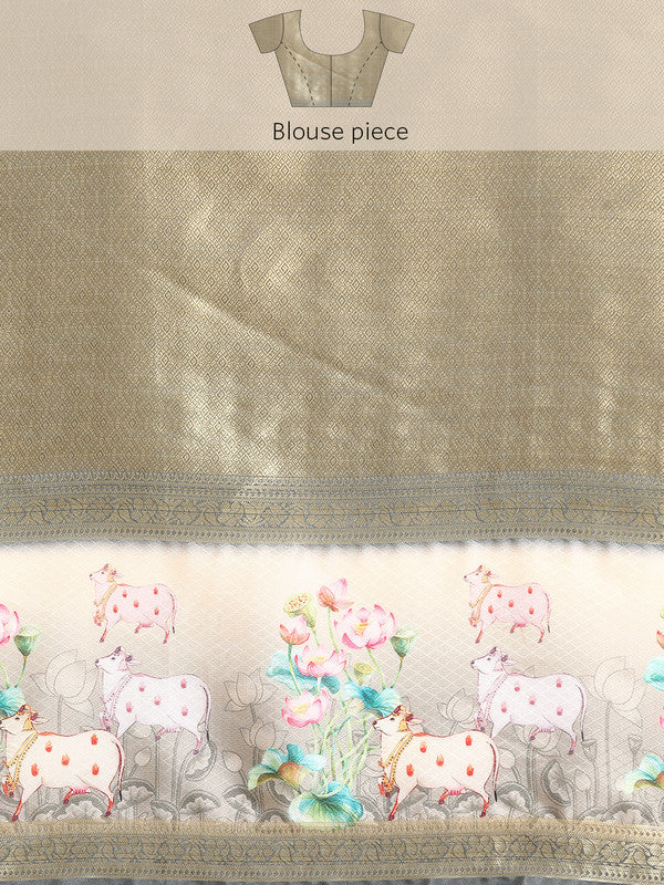 Gray Kanjeevaram Silk Digital Print Geomatric Saree with Unstitched Blouse - Hiral Fashion | Swadesiicart