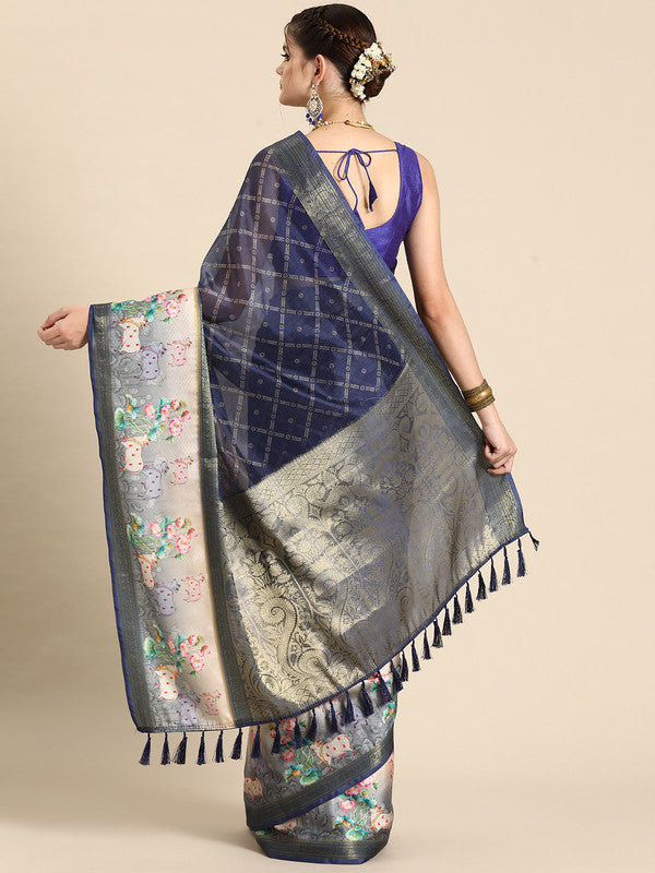 Navy Blue Kanjeevaram Silk Digital Print Geomatric Saree with Unstitched Blouse - Hiral Fashion | Swadesiicart