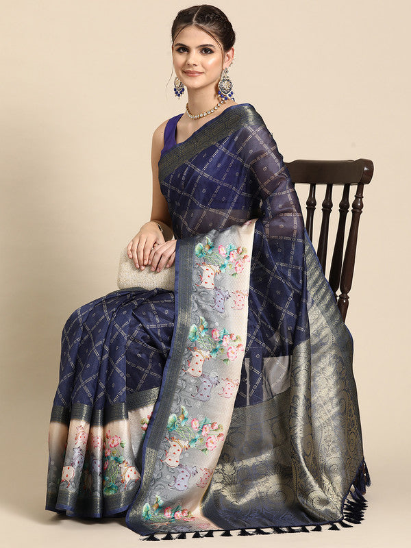 Navy Blue Kanjeevaram Silk Digital Print Geomatric Saree with Unstitched Blouse - Hiral Fashion | Swadesiicart