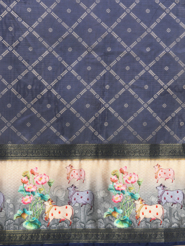 Navy Blue Kanjeevaram Silk Digital Print Geomatric Saree with Unstitched Blouse - Hiral Fashion | Swadesiicart