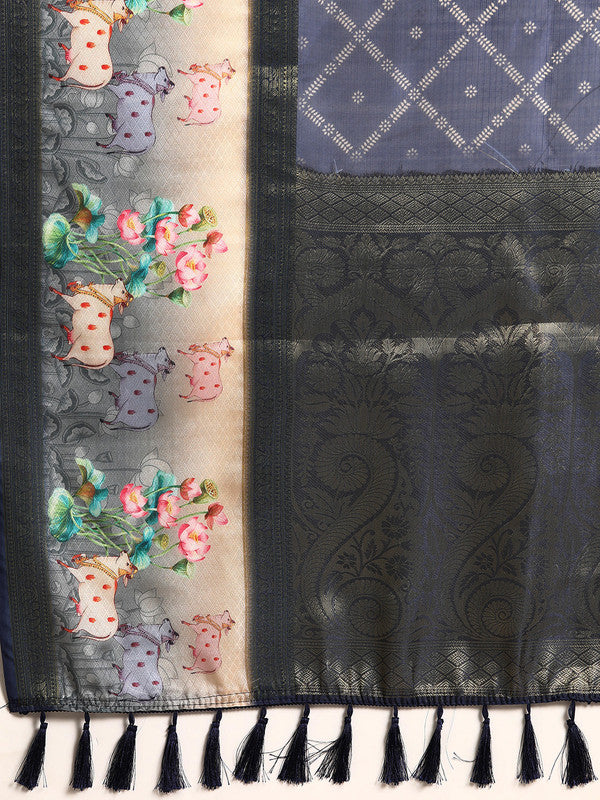 Navy Blue Kanjeevaram Silk Digital Print Geomatric Saree with Unstitched Blouse - Hiral Fashion | Swadesiicart