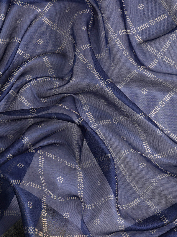 Navy Blue Kanjeevaram Silk Digital Print Geomatric Saree with Unstitched Blouse - Hiral Fashion | Swadesiicart