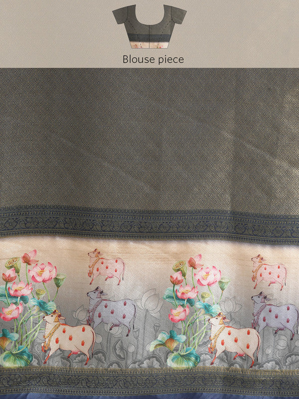 Navy Blue Kanjeevaram Silk Digital Print Geomatric Saree with Unstitched Blouse - Hiral Fashion | Swadesiicart