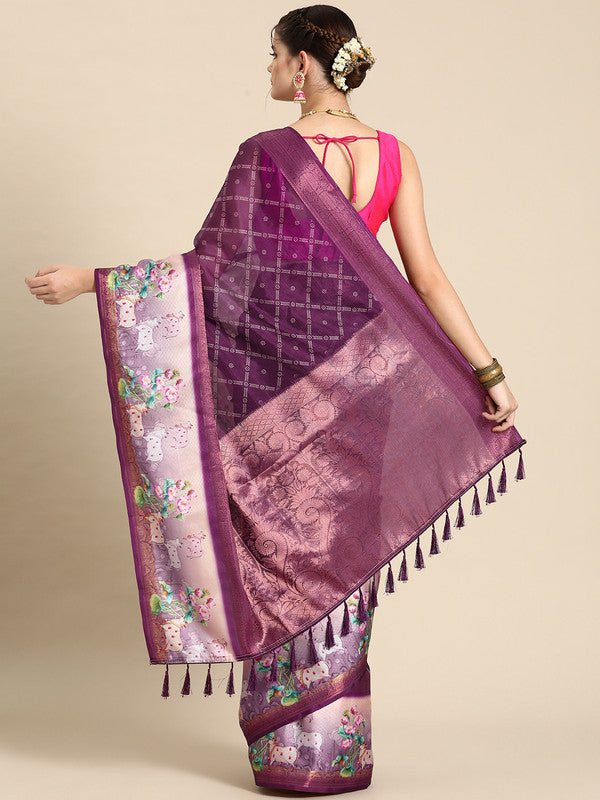 Purple Kanjeevaram Silk Digital Print Geomatric Saree with Unstitched Blouse - Hiral Fashion | Swadesiicart