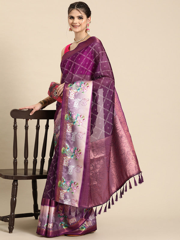 Purple Kanjeevaram Silk Digital Print Geomatric Saree with Unstitched Blouse - Hiral Fashion | Swadesiicart