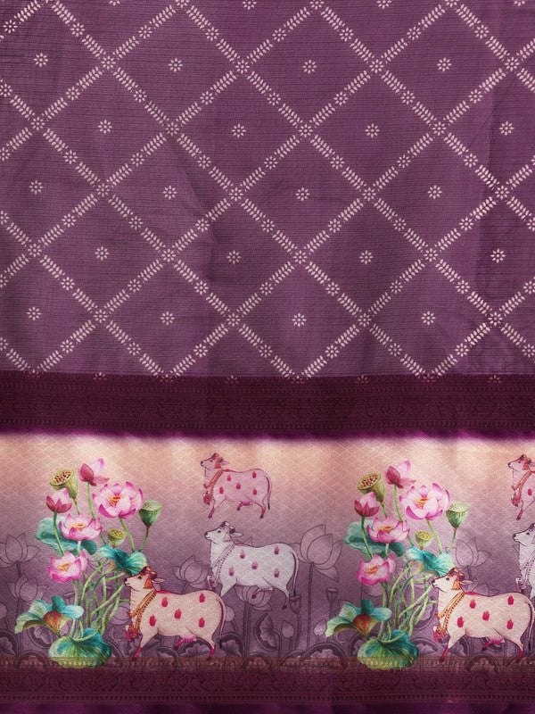 Purple Kanjeevaram Silk Digital Print Geomatric Saree with Unstitched Blouse - Hiral Fashion | Swadesiicart