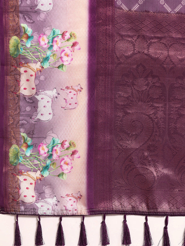 Purple Kanjeevaram Silk Digital Print Geomatric Saree with Unstitched Blouse - Hiral Fashion | Swadesiicart