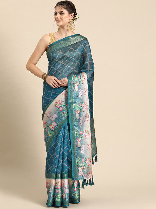 Turquoise Kanjeevaram Silk Digital Print Geomatric Saree with Unstitched Blouse - Hiral Fashion | Swadesiicart