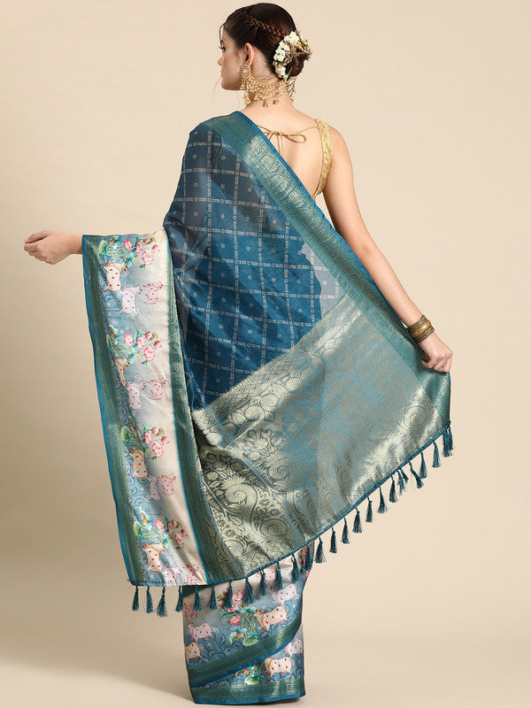 Turquoise Kanjeevaram Silk Digital Print Geomatric Saree with Unstitched Blouse - Hiral Fashion | Swadesiicart