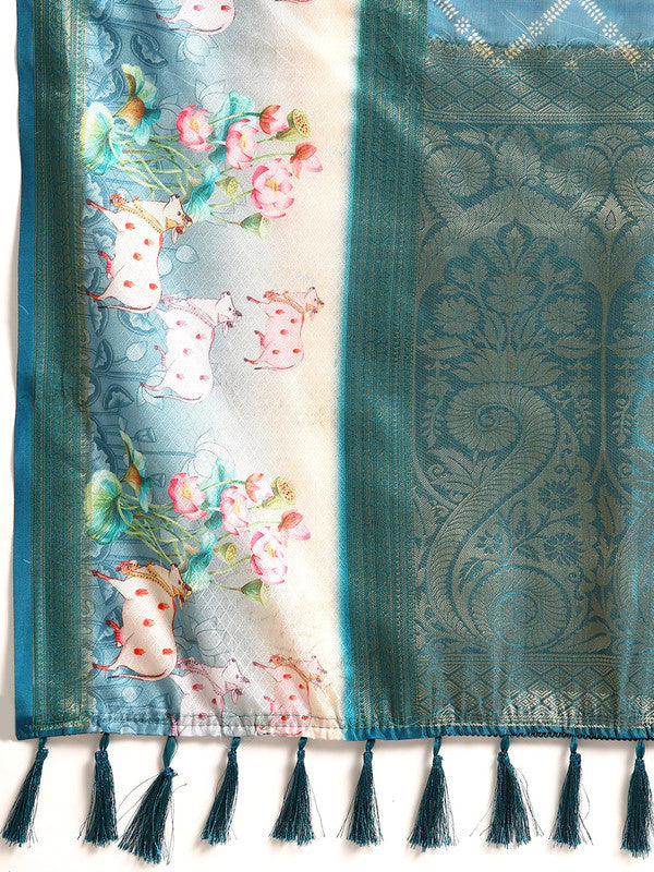 Turquoise Kanjeevaram Silk Digital Print Geomatric Saree with Unstitched Blouse - Hiral Fashion | Swadesiicart