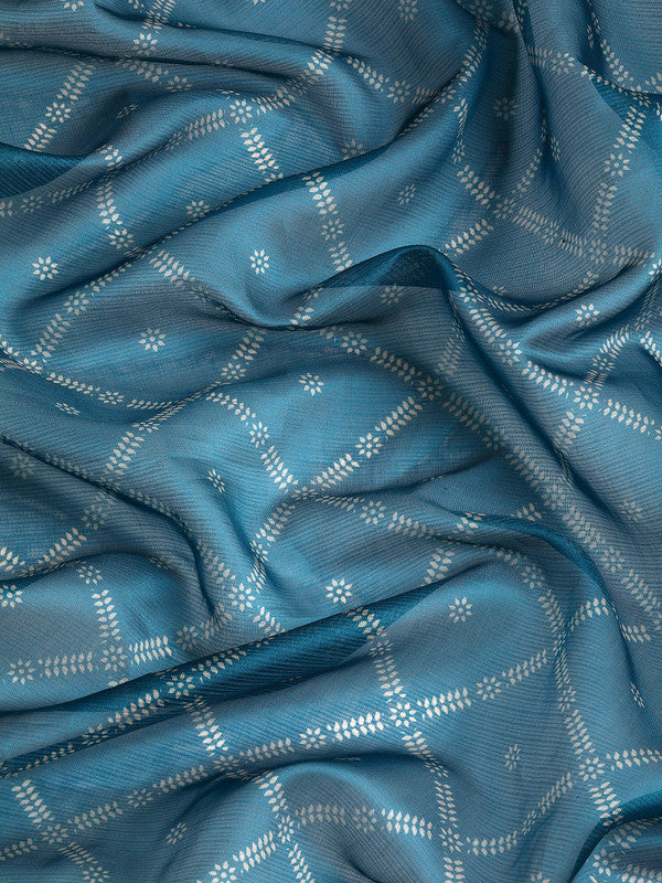 Turquoise Kanjeevaram Silk Digital Print Geomatric Saree with Unstitched Blouse - Hiral Fashion | Swadesiicart