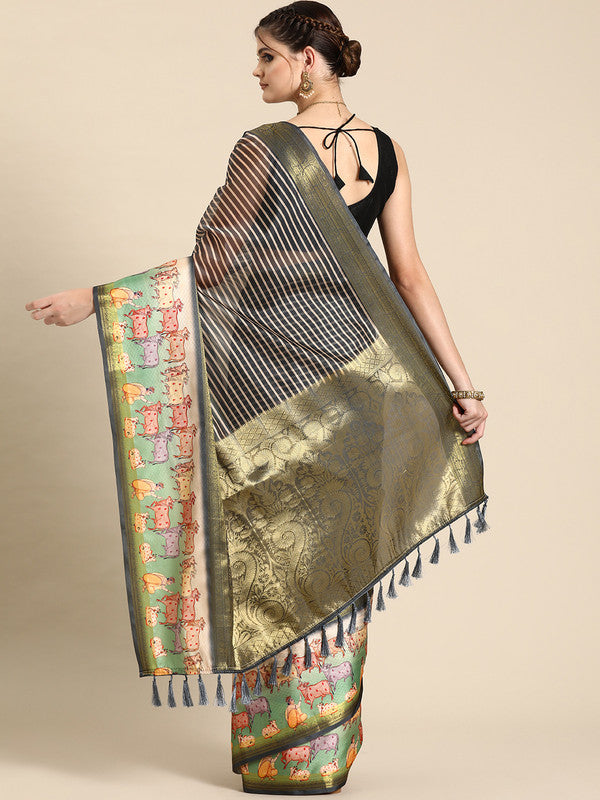 Gray Kanjeevaram Silk Digital Print Striped Saree with Unstitched Blouse - Hiral Fashion | Swadesiicart