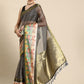 Gray Kanjeevaram Silk Digital Print Striped Saree with Unstitched Blouse - Hiral Fashion | Swadesiicart