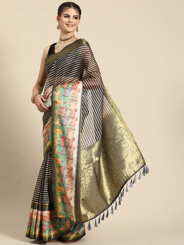 Gray Kanjeevaram Silk Digital Print Striped Saree with Unstitched Blouse - Hiral Fashion | Swadesiicart