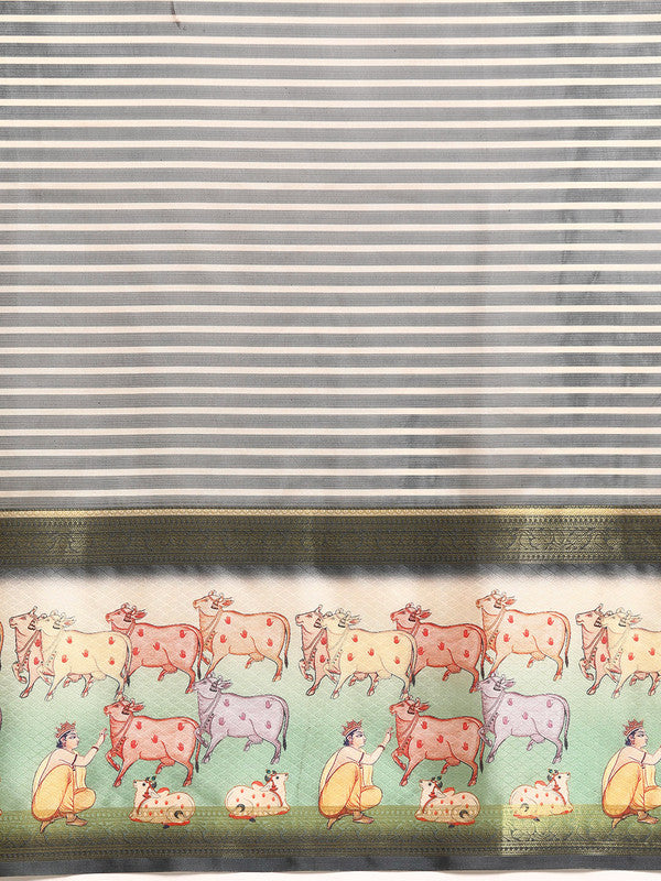 Gray Kanjeevaram Silk Digital Print Striped Saree with Unstitched Blouse - Hiral Fashion | Swadesiicart