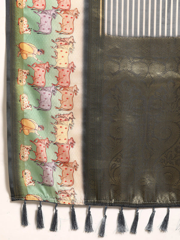 Gray Kanjeevaram Silk Digital Print Striped Saree with Unstitched Blouse - Hiral Fashion | Swadesiicart
