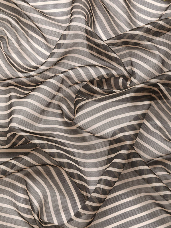 Gray Kanjeevaram Silk Digital Print Striped Saree with Unstitched Blouse - Hiral Fashion | Swadesiicart