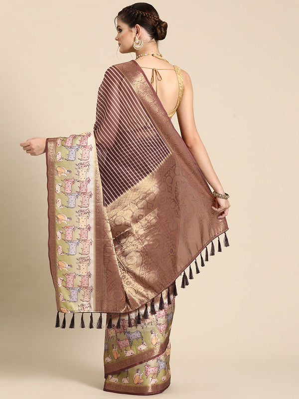 Maroon Kanjeevaram Silk Digital Print Striped Saree with Unstitched Blouse - Hiral Fashion | Swadesiicart