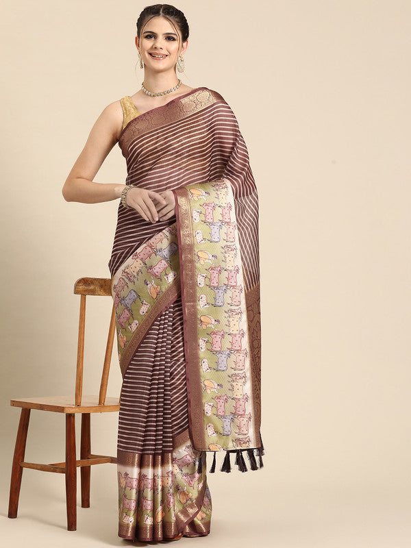 Maroon Kanjeevaram Silk Digital Print Striped Saree with Unstitched Blouse - Hiral Fashion | Swadesiicart