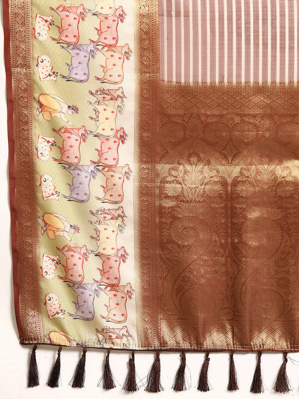 Maroon Kanjeevaram Silk Digital Print Striped Saree with Unstitched Blouse - Hiral Fashion | Swadesiicart