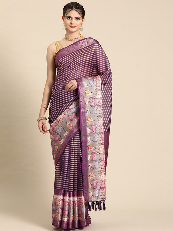 Purple Kanjeevaram Silk Digital Print Striped Saree with Unstitched Blouse - Hiral Fashion | Swadesiicart