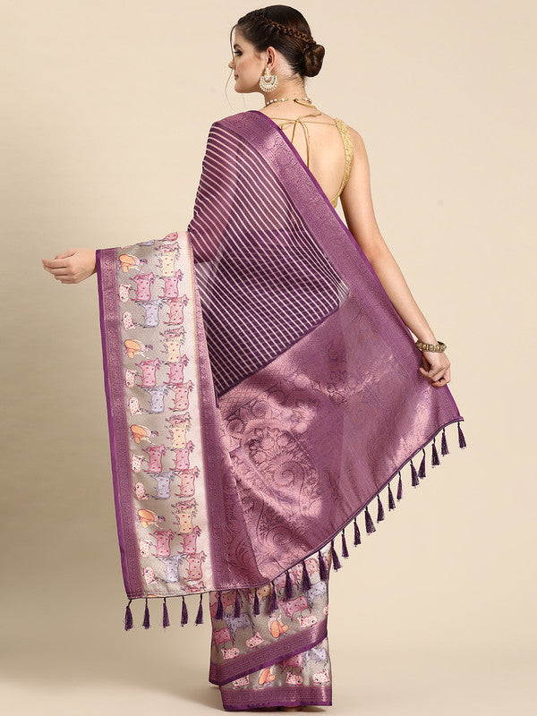 Purple Kanjeevaram Silk Digital Print Striped Saree with Unstitched Blouse - Hiral Fashion | Swadesiicart