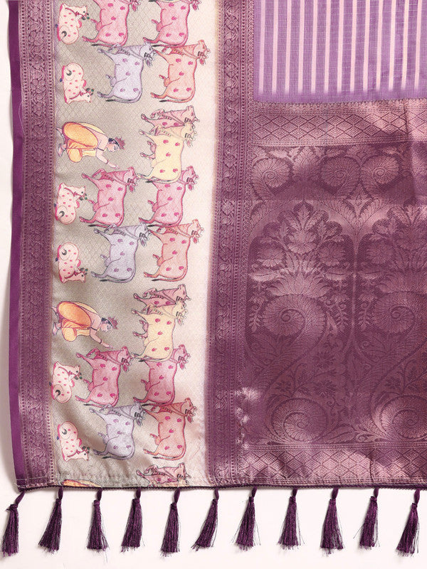 Purple Kanjeevaram Silk Digital Print Striped Saree with Unstitched Blouse - Hiral Fashion | Swadesiicart