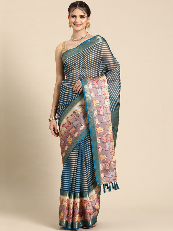 Turquoise Kanjeevaram Silk Digital Print Striped Saree with Unstitched Blouse - Hiral Fashion | Swadesiicart