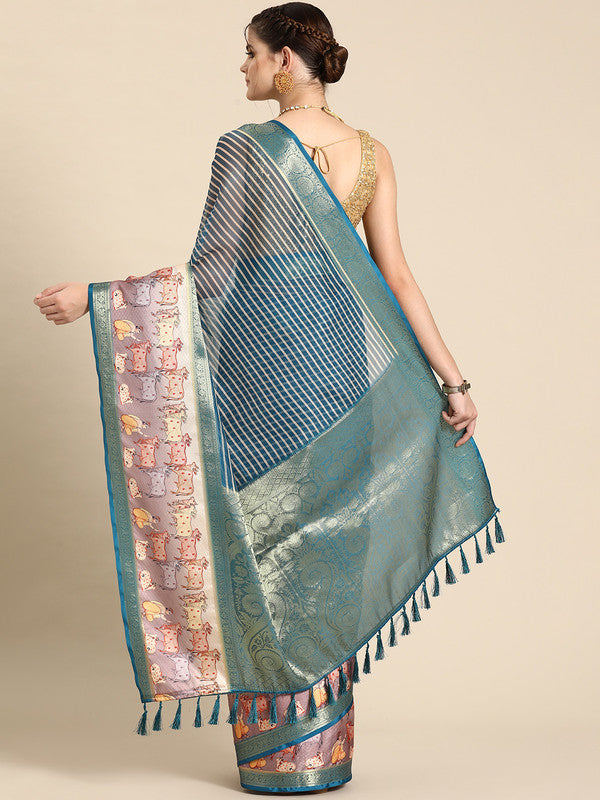 Turquoise Kanjeevaram Silk Digital Print Striped Saree with Unstitched Blouse - Hiral Fashion | Swadesiicart