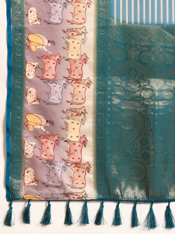 Turquoise Kanjeevaram Silk Digital Print Striped Saree with Unstitched Blouse - Hiral Fashion | Swadesiicart