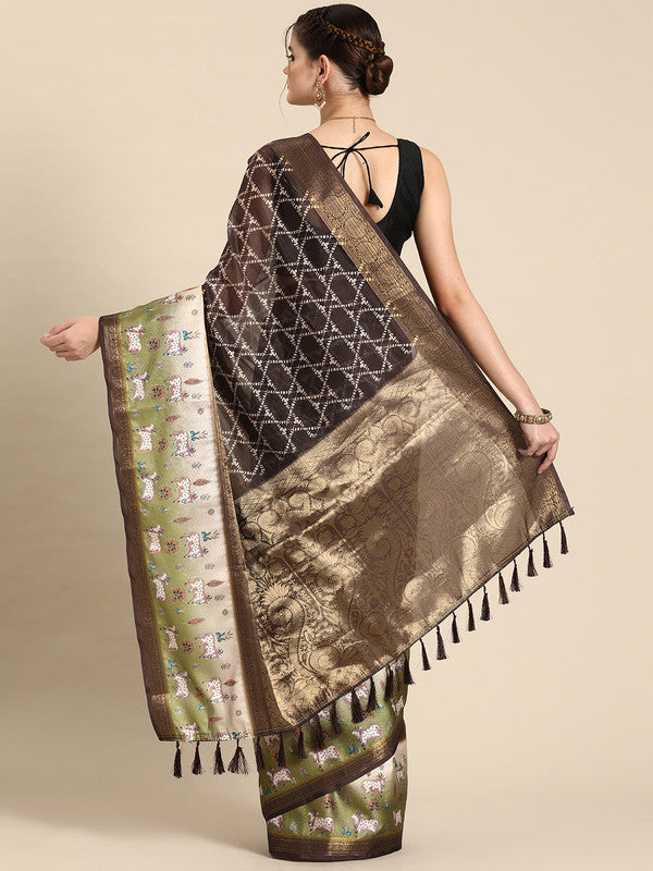 Brown Kanjeevaram Silk Digital Print Geomatric Saree with Unstitched Blouse - Hiral Fashion | Swadesiicart
