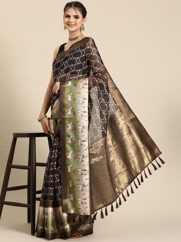 Brown Kanjeevaram Silk Digital Print Geomatric Saree with Unstitched Blouse - Hiral Fashion | Swadesiicart