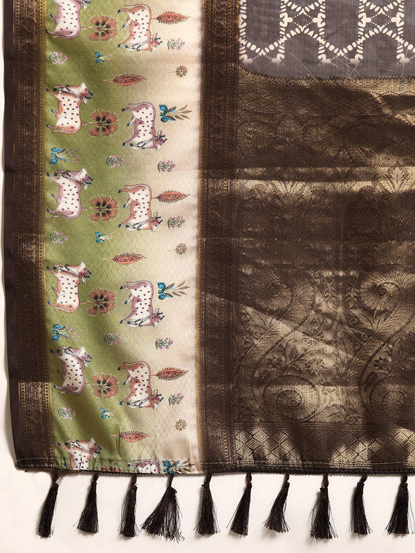 Brown Kanjeevaram Silk Digital Print Geomatric Saree with Unstitched Blouse - Hiral Fashion | Swadesiicart