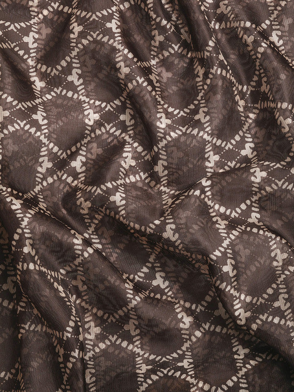 Brown Kanjeevaram Silk Digital Print Geomatric Saree with Unstitched Blouse - Hiral Fashion | Swadesiicart