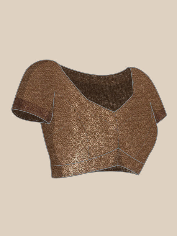 Brown Kanjeevaram Silk Digital Print Geomatric Saree with Unstitched Blouse - Hiral Fashion | Swadesiicart