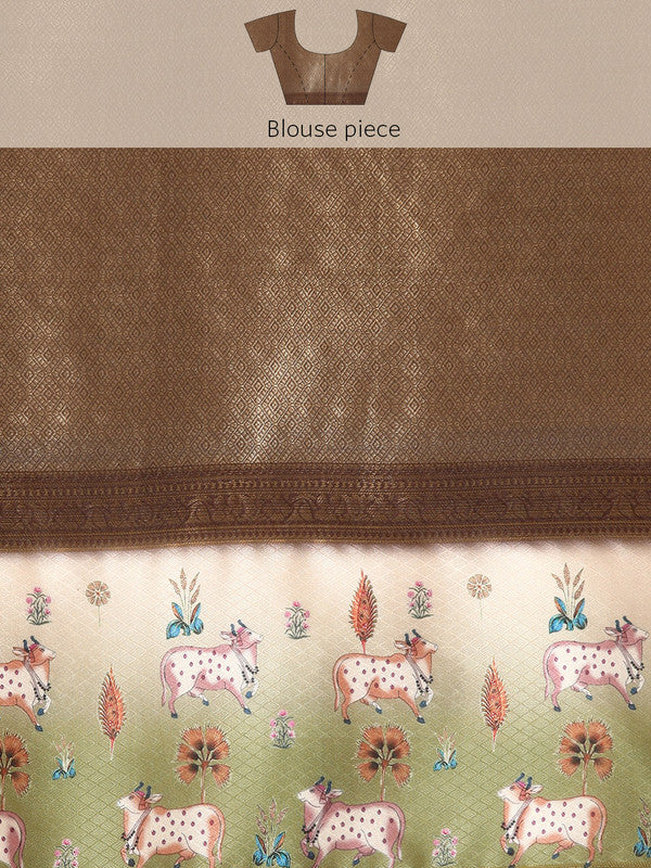 Brown Kanjeevaram Silk Digital Print Geomatric Saree with Unstitched Blouse - Hiral Fashion | Swadesiicart