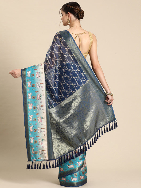 Blue Kanjeevaram Silk Digital Print Geomatric Saree with Unstitched Blouse - Hiral Fashion | Swadesiicart