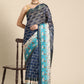 Blue Kanjeevaram Silk Digital Print Geomatric Saree with Unstitched Blouse - Hiral Fashion | Swadesiicart