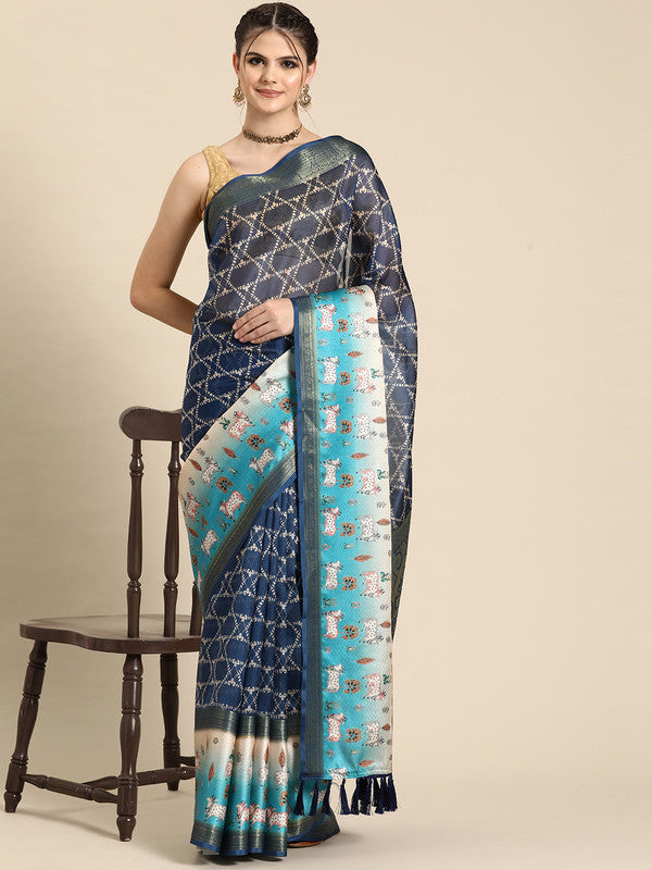 Blue Kanjeevaram Silk Digital Print Geomatric Saree with Unstitched Blouse - Hiral Fashion | Swadesiicart